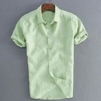 【CW】Colors Men S Linen Short Sleeve Loose Shirt Turndown Collar Simple Style Plain Color Top Summer Clothhot