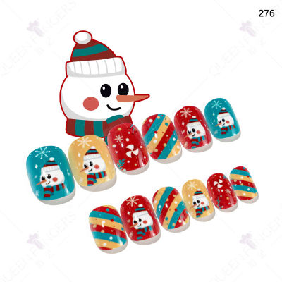 24pcs Christmas Series Childrens Press On False Nails Elk Snowman Wearable Full Cover Acrylic Nails Decor Accessories