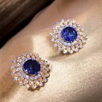 [COD] Cao Shi Amazons new earrings retro temperament blue zircon beautiful oval diamond stud for women