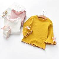 2023 Girls T-shirt Spring Autumn Baby Kid Flare Sleeve Bow-knot Casual Shirt Childrens Cotton Long Sleeve Clothes for Girls New