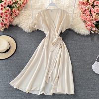 Short Sleeve Summer Dress Women Korean Plain V neck High Waist Midi Dresses