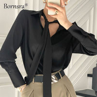 Bornsra  Chic Turn-down Collar Scarf Women Shirts Spring Summer Ladies Single-breasted Blouses Tops Elegant Female Tops