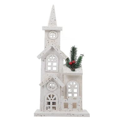 1 PCS Christmas Village Christmas LED Church Light House Snow Scene White Wood for Christmas Desktop Ornament