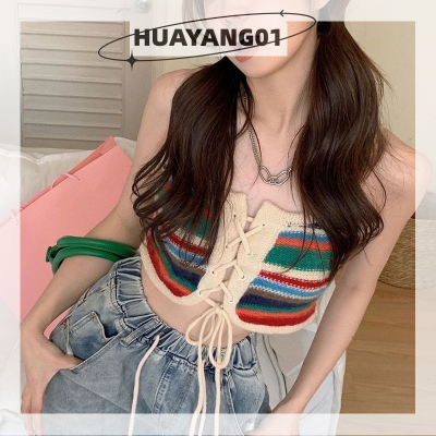 HUAYANG01 [2023 new HOT FASHION] lazlook เสื้อชั้นในสตรีถักลายทางสีสันสดใสฤดูร้อนเสื้อแขนกุดผูกเชือกเซ็กซี่