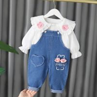 Fashion Spring Autumn Baby Girls Cute Clothing Set baby print long sleeves shirt Denim Overalls Jeans Pants Kids Clothes Set