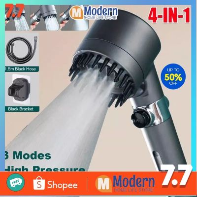 ◐✤ 【24H shiping】𝟒-𝐈𝐍-𝟏 Massage Shower Head 3 Mode High Pressure Water Saving Showerhead with Filter Cotton Core Bathroom Body Scalp Handheld Bath Shower Brush Head