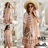 COD DSTGRTYTRUYUY Ready Stock XL-4XL Women Rayon Big Size Dress Boho V Neck Short Sleeves Beach Look Plus Size Dress Orange 2577