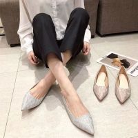 Womens shoes spring and summer 2020 Korean version of the new shallow mouth pointed single shoes thick heel low heel scoop shoes gradient glitter wedding shoes