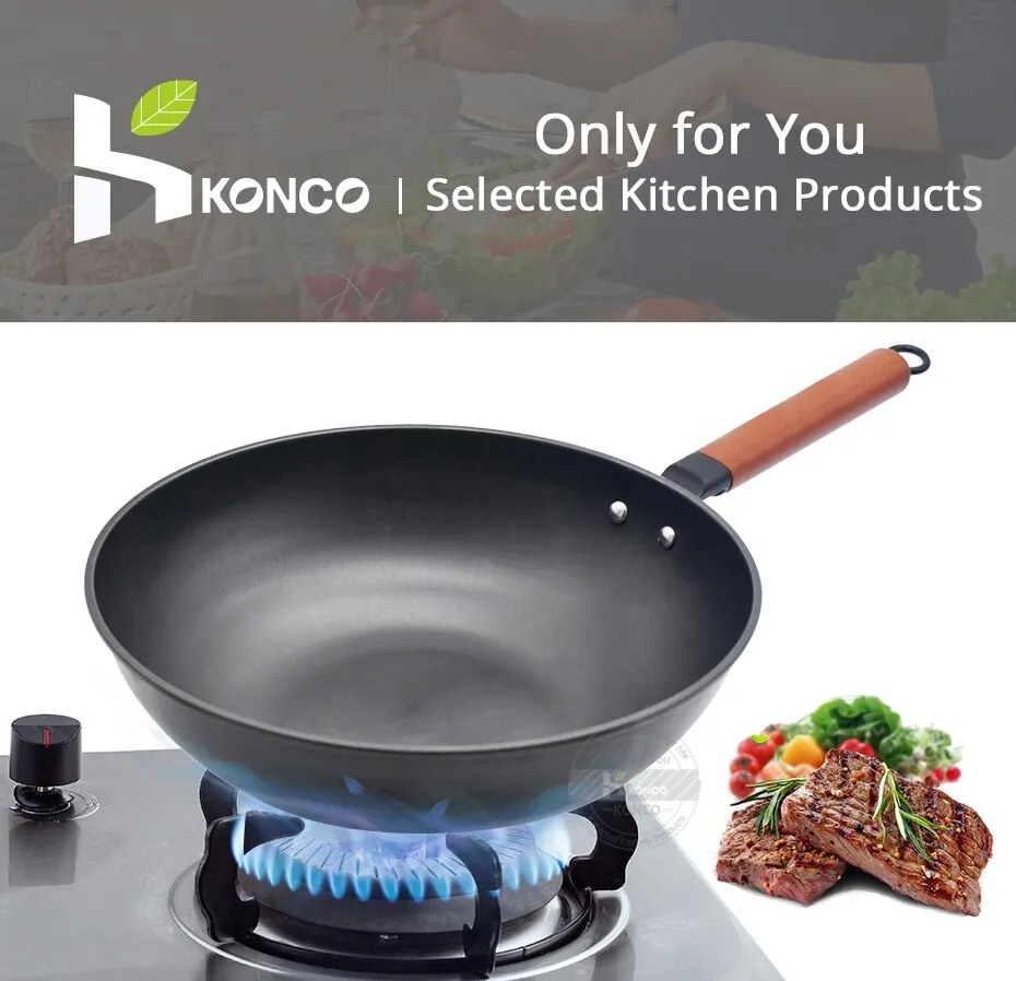 Konco Iron wok Cast iron pan Non-coated Pot General use for Gas and  Induction Cooker 32cm Chinese Wok Cookware Pan Kitchen Tools