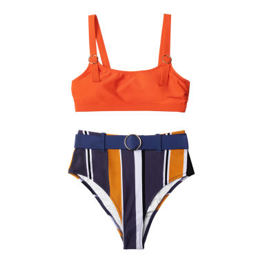 SEASELFIE Orange Belted Striped High Waist Bikini Set Swimsuit Women Sexy Tank Biquini Two Pieces  Swimming Suit Swimwear