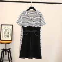 【มีไซส์ใหญ่】Plus Size XL-4XL Womens V-neck Striped Summer Dress Ladies Patchwork Long Female Dresses Vintage Female Patchwork Vestidos