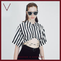 VICKS Shirt Collar Tie-Waist Crop Blouse  เสื้อตัวสั้น เสื้อครอป ปกเชิ้ต มีสายผูกเอว