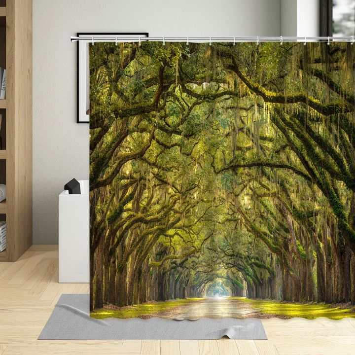 forest-shower-curtain-country-natural-green-plant-trees-scenery-pattern-bathroom-decor-polyester-cloth-hanging-curtain-set-hooks
