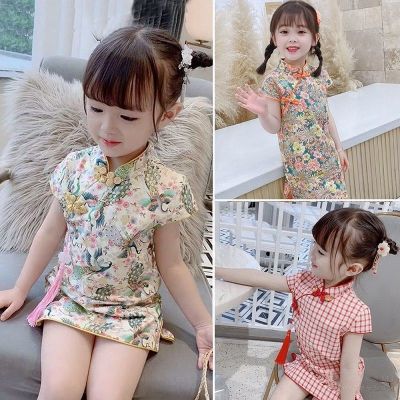 Childrens cheongsam summer cotton dresses of the girls princess 2023 new western style dress Chinese wind red skirt