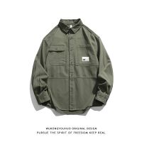 Japanese tooling pocket solid color long-sleeved shirt men and women spring retro loose all-match shirt jacket 【BYUE】