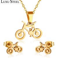 2023 NEW LUXUSTEEL jewelry set woman Stainless Steel Bicycle Pendant Necklace Earring brincos Gold Color Collars Choker Accessories Party