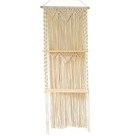 2 Tiers Bohemian Macrame Wall Hanging Shelves, Handmade Woven Boho Decorative Rustic Wood Wall Floating Plants Shelves