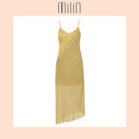 [MILIN] Malibu V neckline Asymmetric hem Chiffon wraped overlay details Satin with silk chiffon Spaghetti straps Mini dress / เดรสสั้นสายเดี่ยวผ้าซาตินคอวีแต่งผ้าชีฟองป้ายเฉลียงด้านหน้า สีแดง / สีเหลือง