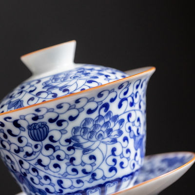 Tangled Lotus Blue และสีขาว Gaiwan สำหรับชา Tureen พร้อมฝาปิด Tree Teaware จีน Porcelain ชามชา Chawan Lily Deng S Store