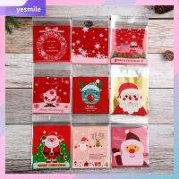 YESMILE 100pcs 10x10cm ถุงขนมคริสต์มาส ซานตาคลอส สุขสันต์วันคริสต์มาส บรรจุภัณฑ์อาหารขนมขบเคี้ยว น่ารักน่ารักๆ หลากหลายสไตล์ กระเป๋าพลาสติกใส่ของ ของตกแต่งงานปาร์ตี้