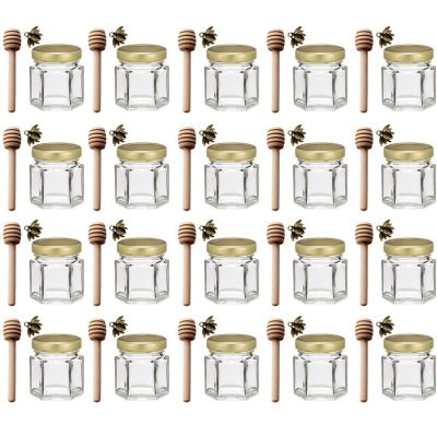 Hexagon Mini Glass Honey Jars with Wood Dipper Gold Lid Bee Pendants Jutes - Perfect for Baby Shower Wedding Favors Party