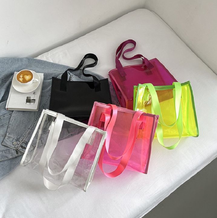 การเดินทางถุงช๊อปปิ้งแบบใสกระเป๋าสะพายข้างกระเป๋าถือ-pvc-สีชมพูแบบใหม่