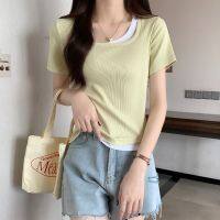 63516 เสื้อยืดแขนสั้น เข้ารูป สีตัดกัน แฟชั่นฤดูร้อน - V723