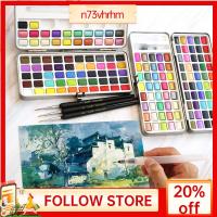 N73VHRHM พร้อมปากกาแปรงน้ำ ชุดระบายสีน้ำ กล่องโลหะใส่ของ 50/72/90/100สี เม็ดสีน้ำสี แบบพกพาได้ แข็งและแข็งแรง ชุดสีเพ้นท์ โรงเรียนในโรงเรียน