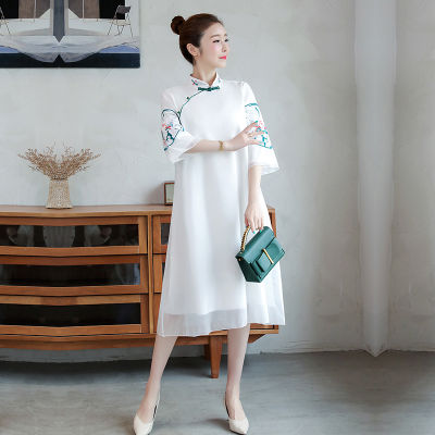 Half Sleeve Embroidery Stand Collar Improved Cheongsam Women Chinese Style Vintage Buckle Loose Elegant Midi Dress Female Qipao