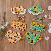 Summer Baby Girls Bikini Sets Sunflowers Ruffles Belt Strapless Tops Shorts Hats Swimwear Clothes Outfit  by Hs2023