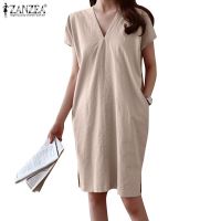 COD DSTGRTYTRUYUY ZANZEA Womens Short Sleeve V Neck Loose Waist Casual Holiday Beach Mini Dress