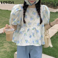 VONDA เสื้อลำลองทรงเอแขนพองพิมพ์ลายดอกไม้สำหรับผู้หญิง (ลำลองเกาหลี)