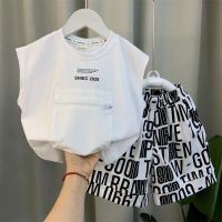 New Fashion Sleeveless Zipper Pocket Shirt And Letter Full Print 2pcs Outfits Summer Boutique Baby Boys Clothes Kids Sport Suit