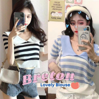 PATTERN.P BS006 : Breton blouse เสื้อลายทางปกเกาหลี  ผ้าไหมพรมเนื้อบางเบาใส่สบาย