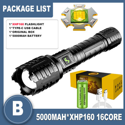 XHP160 LED Powerful Flashlight 16 CORE USB Rechargeable 5Modes Tactical Flashlight Zoom IPX5 Waterproof Lamp Outdoor Lighting