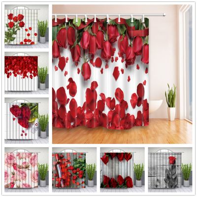 Red Rose Flower Shower Curtains Set Valentine 39;s Day Floral Plant Anniversary Couples Petal Bathroom Decor Home Bathtub Curtain