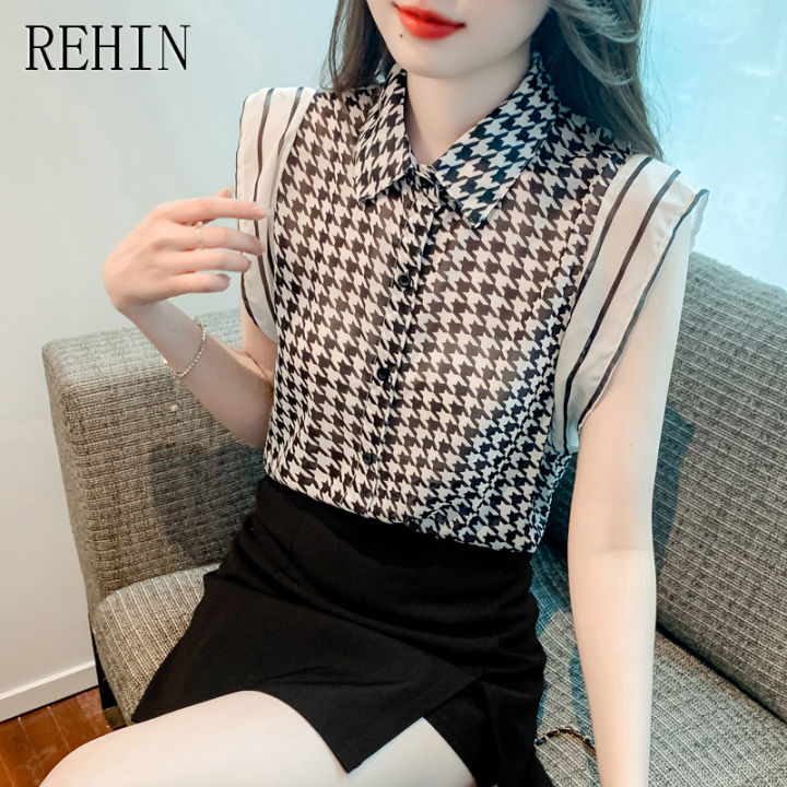 rehin-เสื้อชีฟองสตรีการออกแบบที่ไม่เหมือนใครแขนสั้นคอปกสไตล์ฝรั่งเศสย้อนยุค