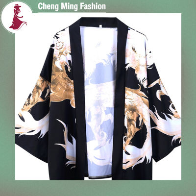 เสื้อเชิ้ตแขนสามส่วนลำลองทรงหลวมพิมพ์ลายมังกรเสื้อคาร์ดิแกน Kimono ญี่ปุ่นสำหรับเสื้อลำลองฤดูร้อนจาก Cheng