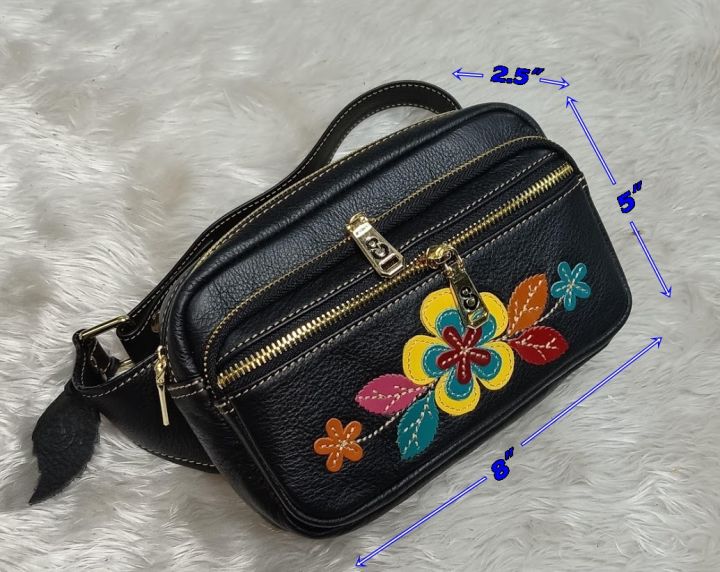 กระเป๋าคาดเอว-n14105-กระเป๋าหนังแท้-gpbags-กระเป๋าคาดเอวปักดอกไม้-กระเป๋าสะพายเฉียง