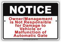 การจัดการเจ้าของจะไม่รับผิดชอบต่อความเสียหายต่อยานพาหนะหรือความผิดปกติของการแจ้งเตือนประตูอัตโนมัติโลหะอะลูมิเนียม X แผ่นป้าย