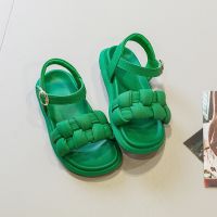 【YF】 Summer Girls Sandals Little Princess Retro Knit Beach Shoes Baby Candy Green Color Breathable