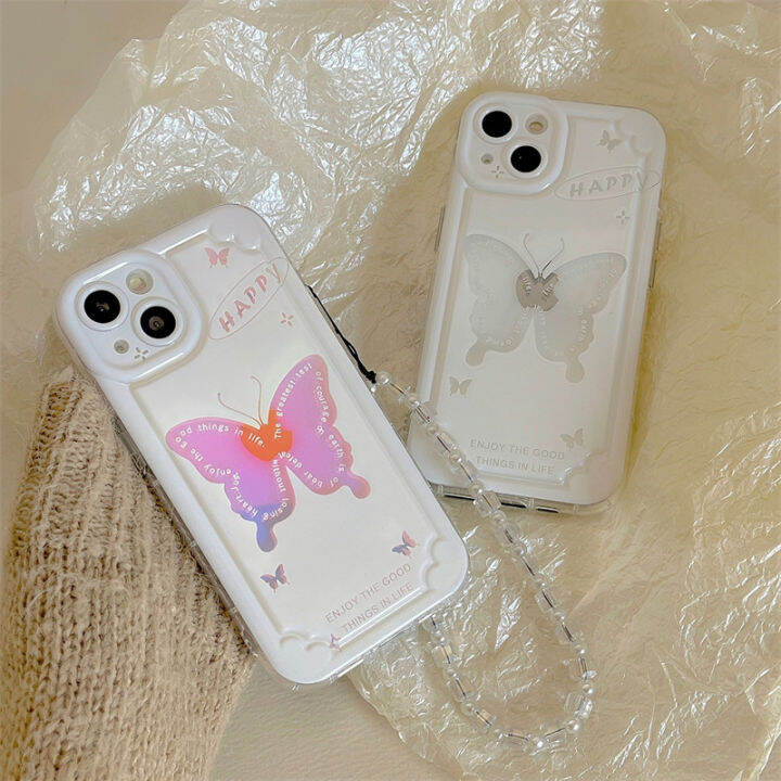 เคสโทรศัพท์ผีเสื้อยิงเลเซอร์กลวงออกสำหรับ-iphone14-love-heart-cushion-case-สำหรับ-iphone12promax-เคสโทรศัพท์กระดาษการ์ดเรเดียมสำหรับ-iphone13-สร้อยข้อมือลูกปัดใสสำหรับ-iphone11