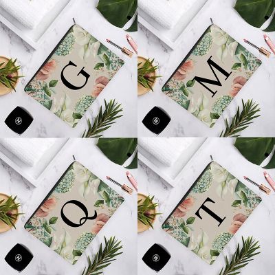 Spring Flower Plant Black English Alphabet Pattern Linen Cosmetic Bag For Women Makeup Easy Carry Storage 15x22cm/18x25cm