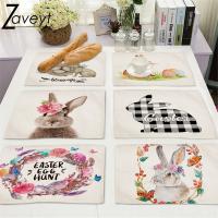 【LZ】♤►  Easter Egg Flower Garland Print Linen Placemat Easter Day Decoration Cartoon Rabbit Dining mat Plaid Table Mat Cloth Desktop Pad