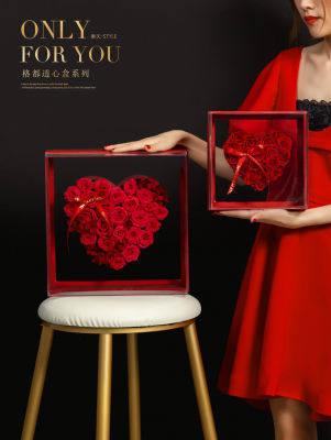 หัวใจกล่องอะคริลิโปร่งใสบรรจุภัณฑ์ดอกไม้ Bouquent กล่องวันวาเลนไทน์ร้านดอกไม้กล่องของขวัญ