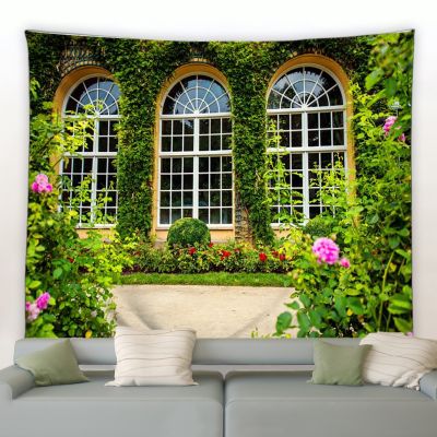 Flower Tapestry Spring Fence Windows Landscape Backdrop Cloth Wall Hanging Garden Poster Outdoor Home Decor Tapestry Aesthetics