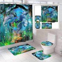 【CW】✧  Fashion Sea Shower Curtain Set Non-Slip Toilet Lid Cover Polyester