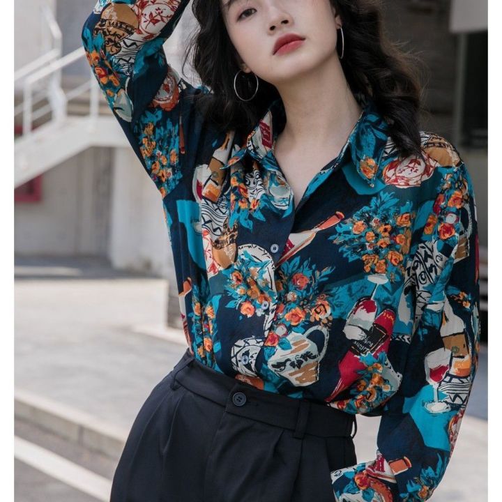 เสื้อผู้หญิงฤดูใบไม้ร่วงสไตล์ฮ่องกงย้อนยุคแฟชั่นการออกแบบหลวมแขนยาวพิมพ์เสื้อ2022ท็อปส์ใหม่