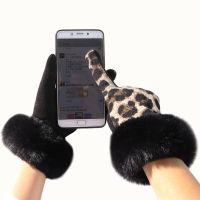 【LZ】♗∏◑  Feminino tela de toque leopardo padrão luvas de esqui inverno feminino quente cashmere dedo cheio imitação coelho pele punhos luvas d69