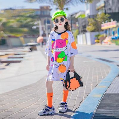 Teens Girls T-Shirt Dress 2023 New Kids Round-Neck Cartoon Pattern Print Dresses For Childrens Clothing 3-18Y